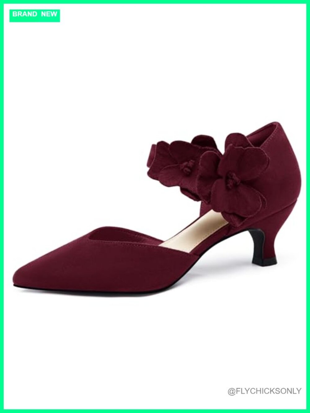 Womens Suede Kitten Heel Pumps Pointed Toe Flower Ankle Strap Slip On Dress